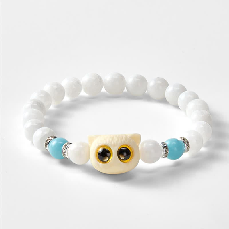 Buddha Stones Black Obsidian White Chalcedony Big-Eye Cat Head Purity Bead Bracelet - image 9