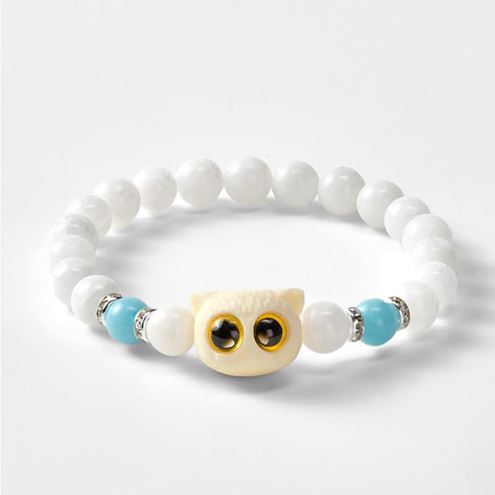 Buddha Stones Black Obsidian White Chalcedony Big-Eye Cat Head Purity Bead Bracelet - image 9