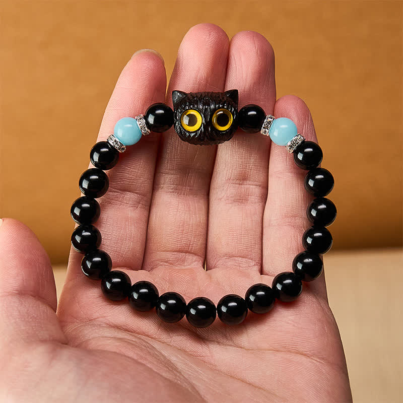 Buddha Stones Black Obsidian White Chalcedony Big-Eye Cat Head Purity Bead Bracelet - image 20
