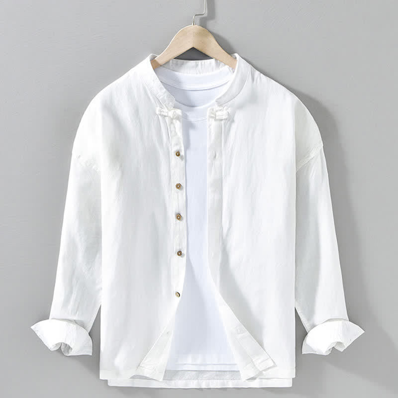 Buddha Stones Fall Casual Tang Style Mandarin Collar Solid Men's Long Sleeve Shirts - White - US/UK/AU42，EU52 (3XL) - image 16
