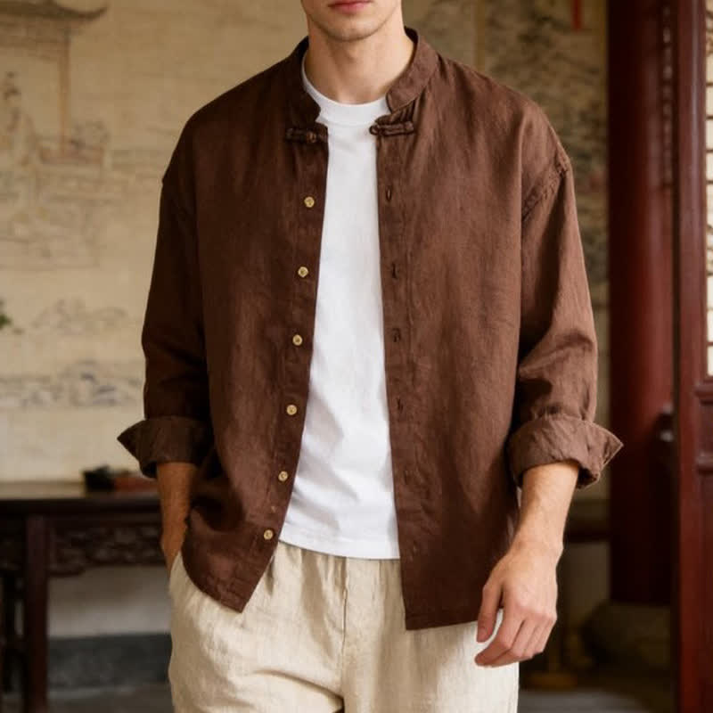 Buddha Stones Fall Casual Tang Style Mandarin Collar Solid Men's Long Sleeve Shirts - image 1