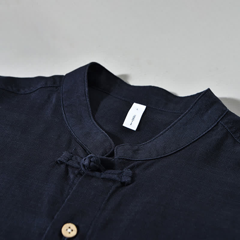 Buddha Stones Fall Casual Tang Style Mandarin Collar Solid Men's Long Sleeve Shirts - image 6