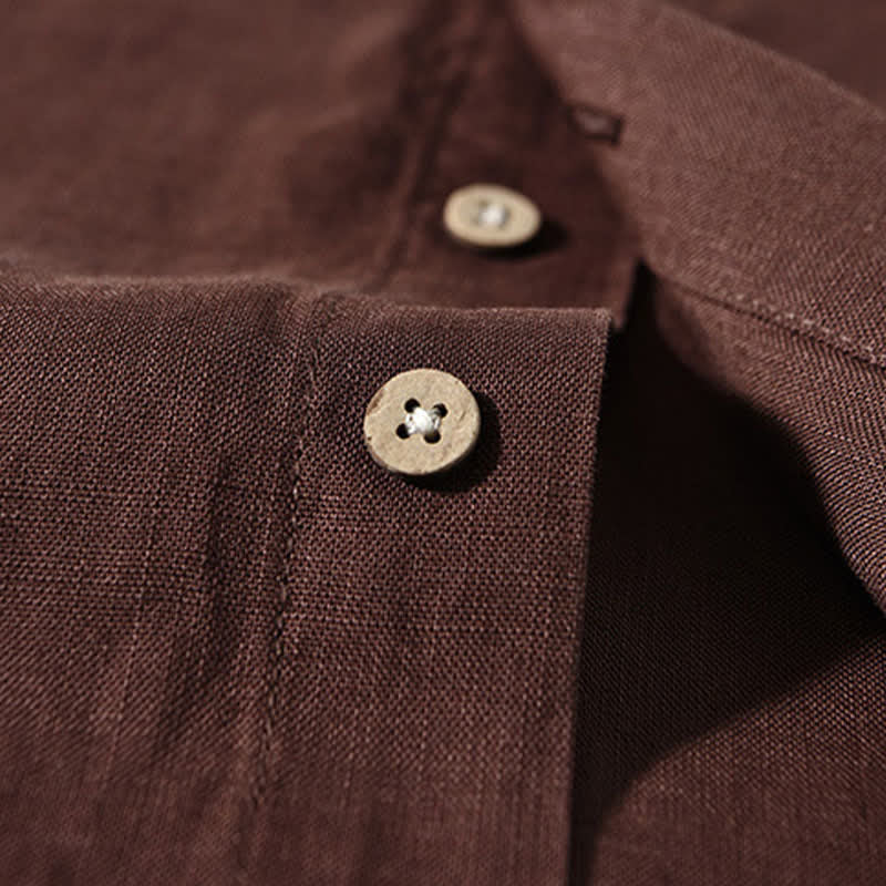 Buddha Stones Fall Casual Tang Style Mandarin Collar Solid Men's Long Sleeve Shirts - image 3