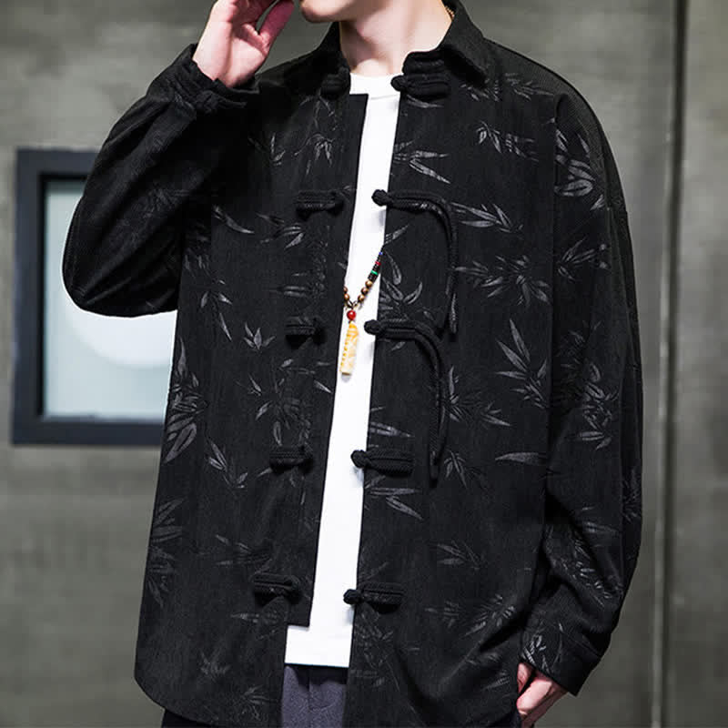 Buddha Stones Fall Winter Tang Style Frog Button Bamboo Print Corduroy Men's Long Sleeve Shirts - image 24