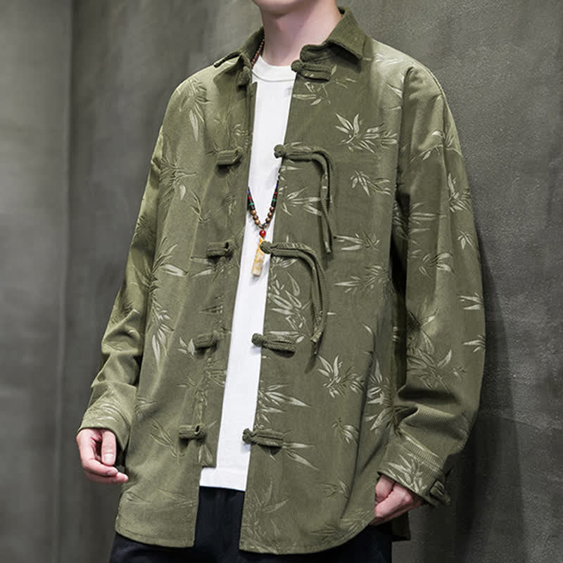 Buddha Stones Fall Winter Tang Style Frog Button Bamboo Print Corduroy Men's Long Sleeve Shirts - OliveDrab - US/UK/AU46，EU56 (5XL) - image 0