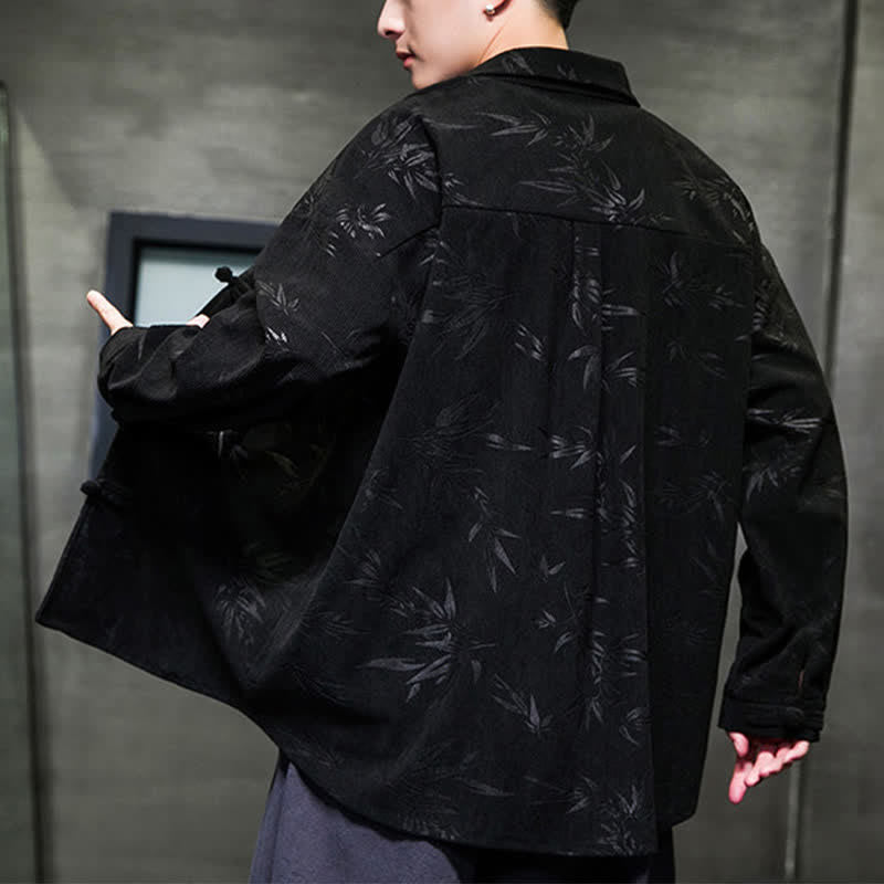 Buddha Stones Fall Winter Tang Style Frog Button Bamboo Print Corduroy Men's Long Sleeve Shirts - image 21