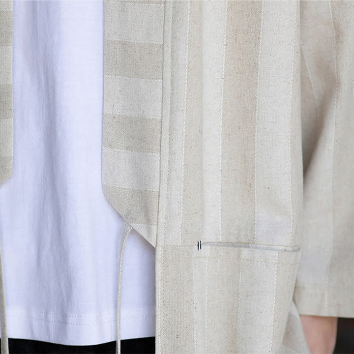 Buddha Stones Spring Summer Casual Tang Style Drawstring Solid Cotton Linen Three-Quarter Sleeve Men's Kimono With Pocket - image 8