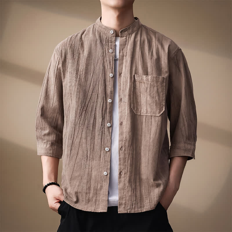 Buddha Stones Spring Summer Casual Mandarin Collar Solid Cotton Men's Long Sleeve Shirts With Patch Pocket - Tan - US/UK/AU44，EU54 (4XL) - image 0