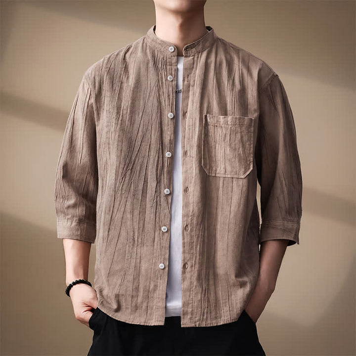 Buddha Stones Spring Summer Casual Mandarin Collar Solid Cotton Men's Long Sleeve Shirts With Patch Pocket - Tan - US/UK/AU44，EU54 (4XL) - image 0