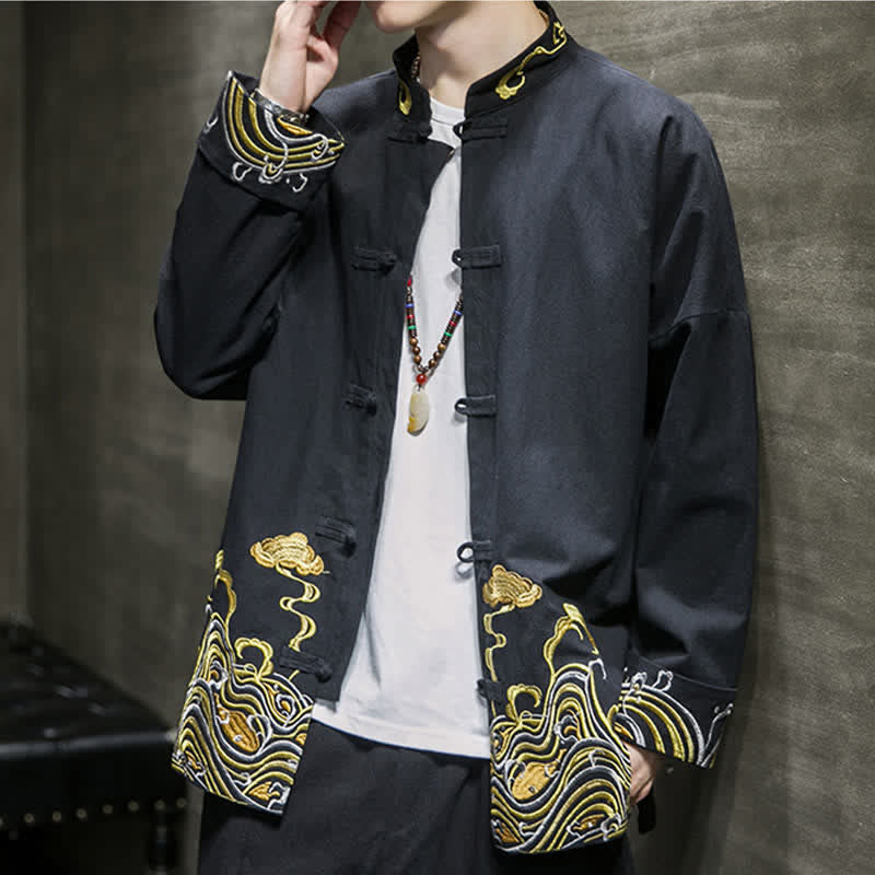 Buddha Stones Fall Winter Tang Style Vintage Frog Button Embroidery Clouds Pattern Cotton Men's Jacket - image 16