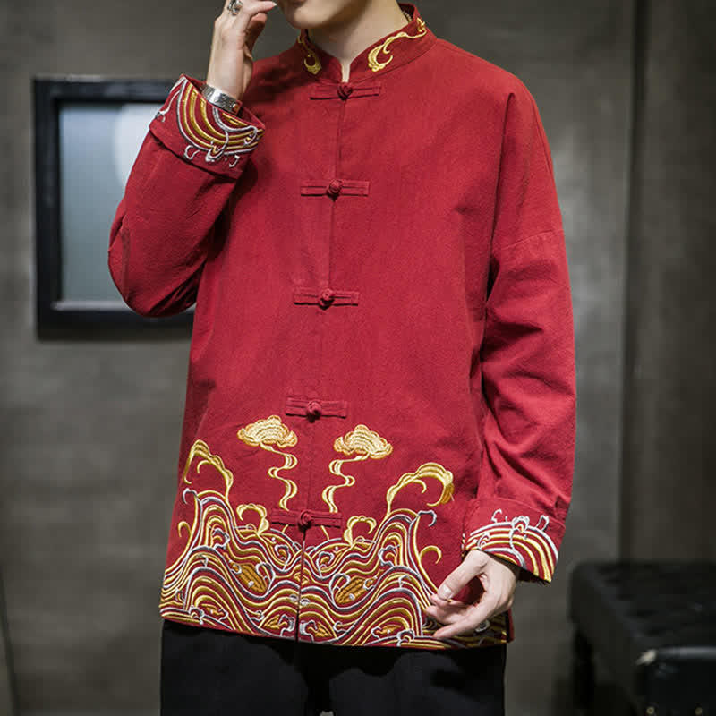 Buddha Stones Fall Winter Tang Style Vintage Frog Button Embroidery Clouds Pattern Cotton Men's Jacket - image 5