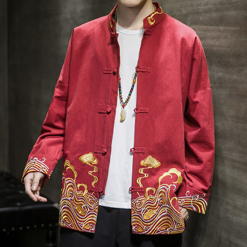 Buddha Stones Fall Winter Tang Style Vintage Frog Button Embroidery Clouds Pattern Cotton Men's Jacket - image 7
