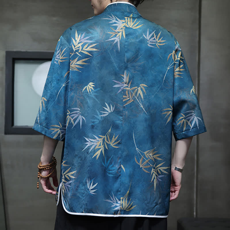 Buddha Stones Spring Summer Vintage Tang Style Mandarin Collar Bamboo Print Men's Elbow-Length Sleeve Shirts - image 22