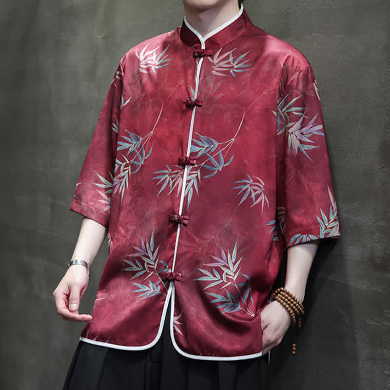 Buddha Stones Spring Summer Vintage Tang Style Mandarin Collar Bamboo Print Men's Elbow-Length Sleeve Shirts - image 6