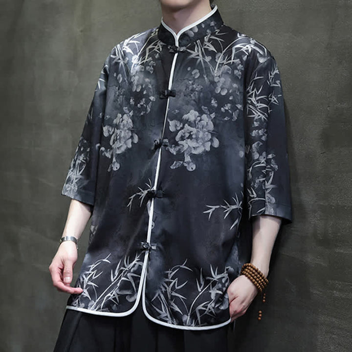 Buddha Stones Spring Summer Vintage Tang Style Mandarin Collar Bamboo Print Men's Elbow-Length Sleeve Shirts - image 17