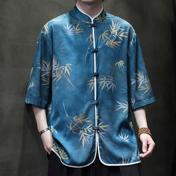Buddha Stones Spring Summer Vintage Tang Style Mandarin Collar Bamboo Print Men's Elbow-Length Sleeve Shirts - image 19