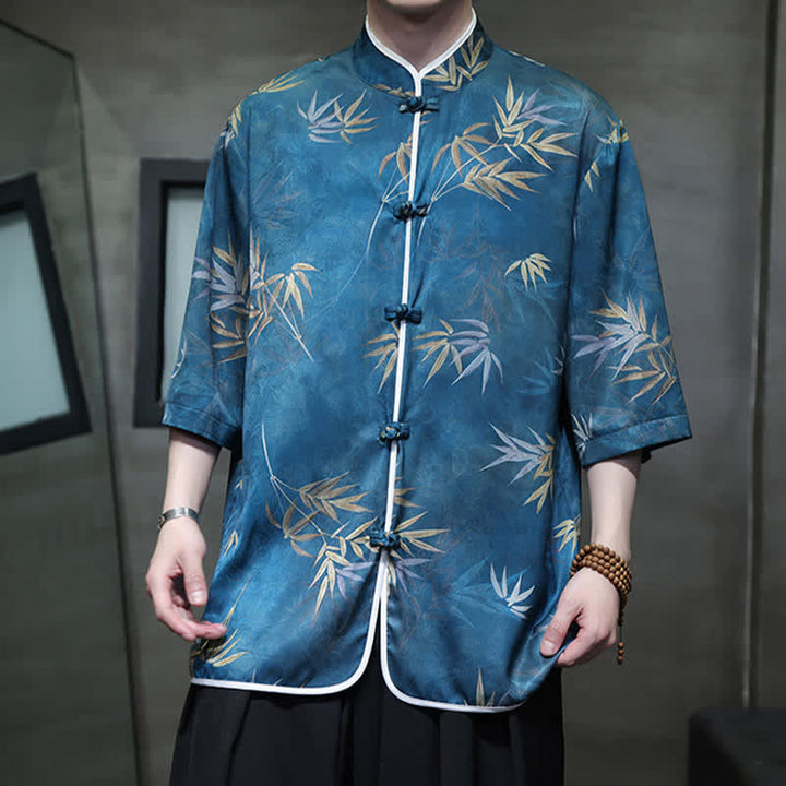 Buddha Stones Spring Summer Vintage Tang Style Mandarin Collar Bamboo Print Men's Elbow-Length Sleeve Shirts - image 25