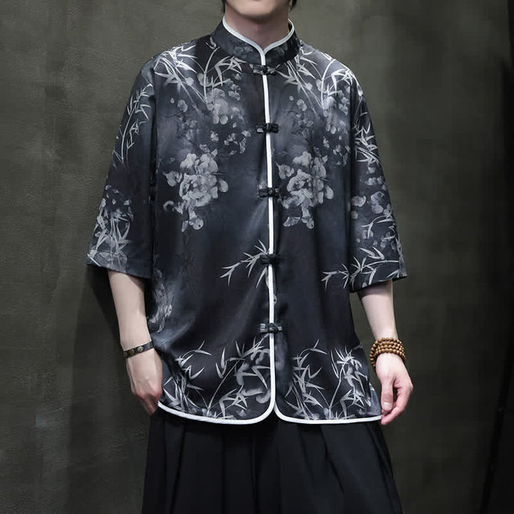 Buddha Stones Spring Summer Vintage Tang Style Mandarin Collar Bamboo Print Men's Elbow-Length Sleeve Shirts - Black - US/UK/AU46，EU56 (5XL) - image 10