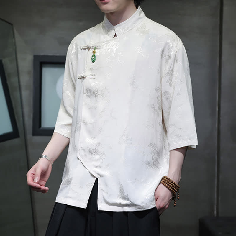 Buddha Stones Spring Tang Style Elegant Mandarin Collar Frog Button Men's Elbow-Length Sleeve Shirts - image 4