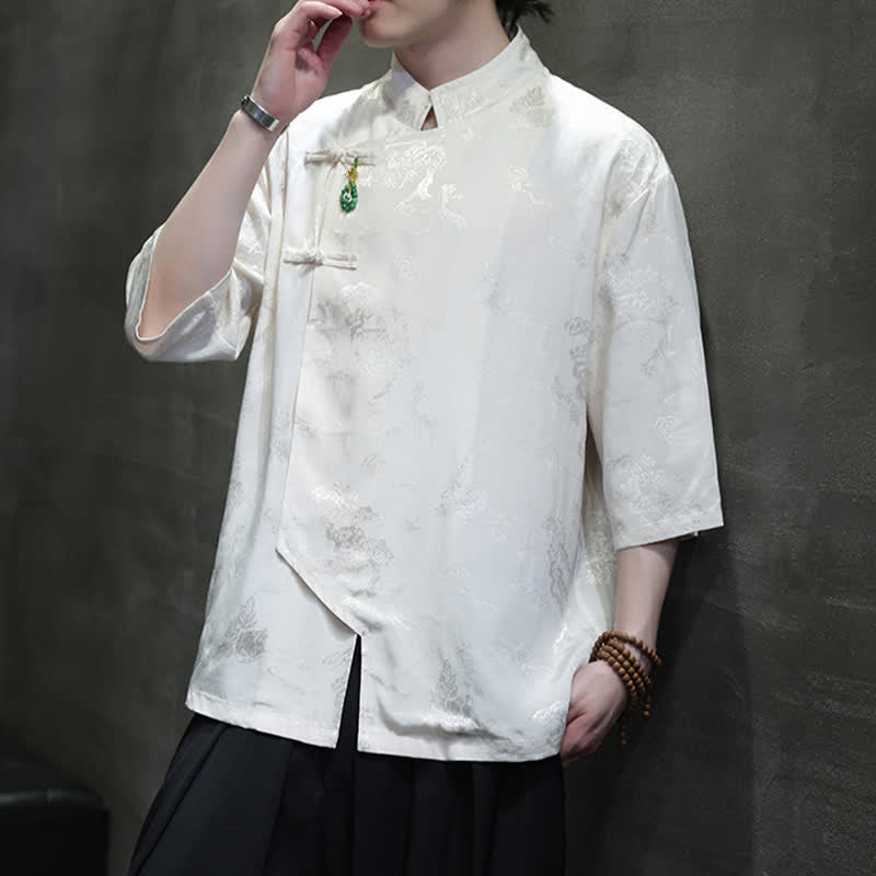 Buddha Stones Spring Tang Style Elegant Mandarin Collar Frog Button Men's Elbow-Length Sleeve Shirts - image 8