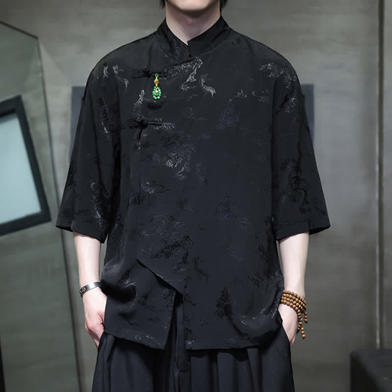 Buddha Stones Spring Tang Style Elegant Mandarin Collar Frog Button Men's Elbow-Length Sleeve Shirts - Black - US/UK/AU46，EU56 (5XL) - image 9