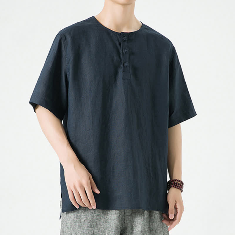 Buddha Stones Summer Casual Minimalist Side Slit Solid Crew Neck Linen Men's Short Sleeve Shirts - image 18