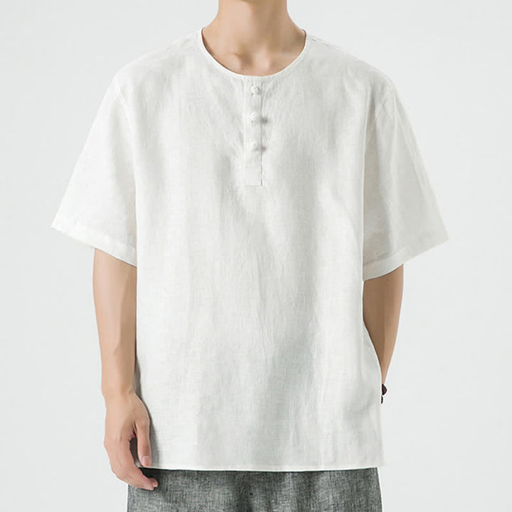 Buddha Stones Summer Casual Minimalist Side Slit Solid Crew Neck Linen Men's Short Sleeve Shirts - image 42