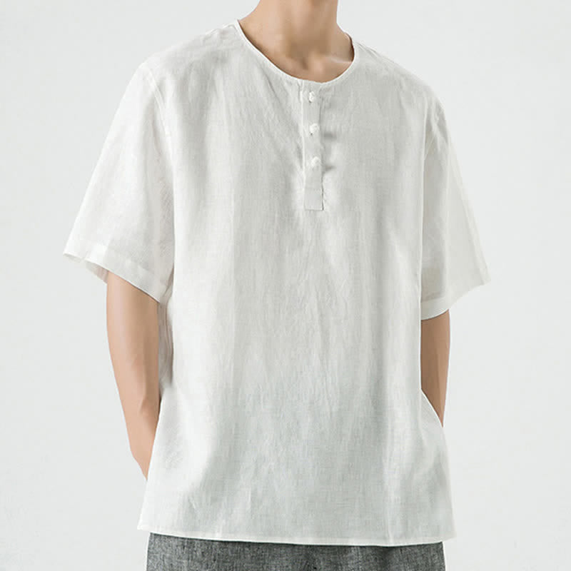 Buddha Stones Summer Casual Minimalist Side Slit Solid Crew Neck Linen Men's Short Sleeve Shirts - image 46