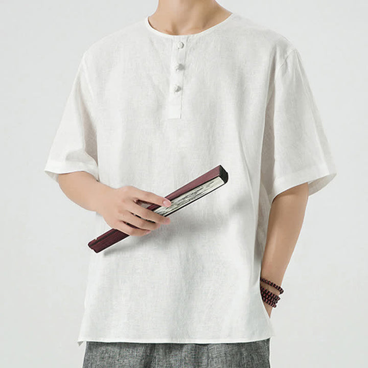 Buddha Stones Summer Casual Minimalist Side Slit Solid Crew Neck Linen Men's Short Sleeve Shirts - image 49