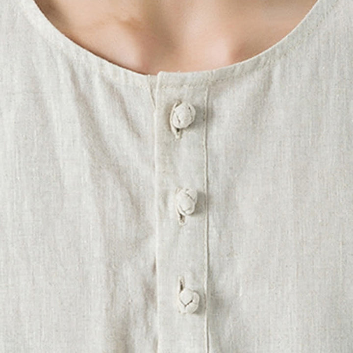 Buddha Stones Summer Casual Minimalist Side Slit Solid Crew Neck Linen Men's Short Sleeve Shirts - image 8