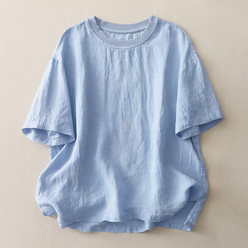 Buddha Stones Plain Threaded Crew Neck Design Women's Polyester Short Sleeves Shirt - LightSkyBlue - US14，UK/AU18，EU46 (2XL) - image 0