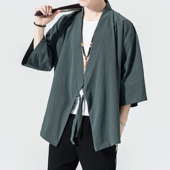 Buddha Stones Summer Casual Minimalist Drawstring Solid Elbow-Length Sleeve Men's Kimono - image 3