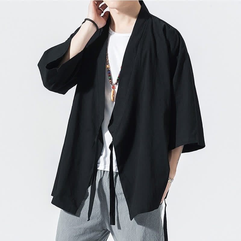 Buddha Stones Summer Casual Minimalist Drawstring Solid Elbow-Length Sleeve Men's Kimono - image 7