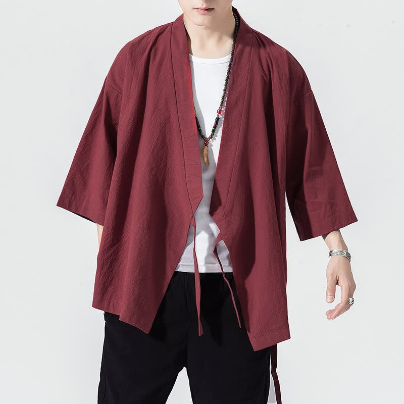 Buddha Stones Summer Casual Minimalist Drawstring Solid Elbow-Length Sleeve Men's Kimono - image 20