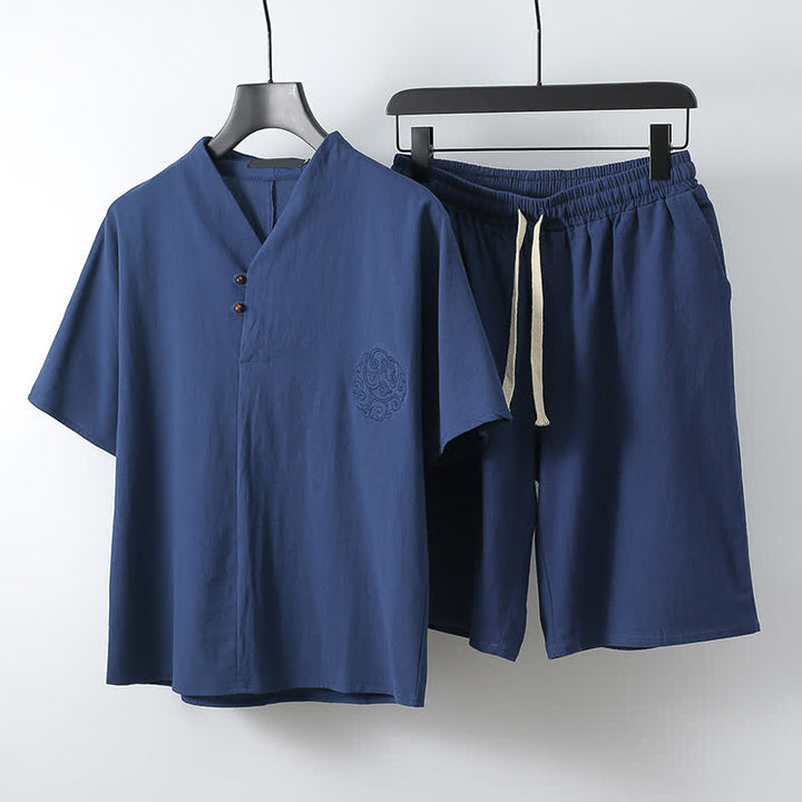 Buddha Stones 2Pcs Summer Tang Style Casual Embroidery Solid Cotton Linen Short Sleeve Shirt Shorts Men's Meditation Cloth With Pocket - Navy - US/UK/AU54, EU64 (9XL) - image 6