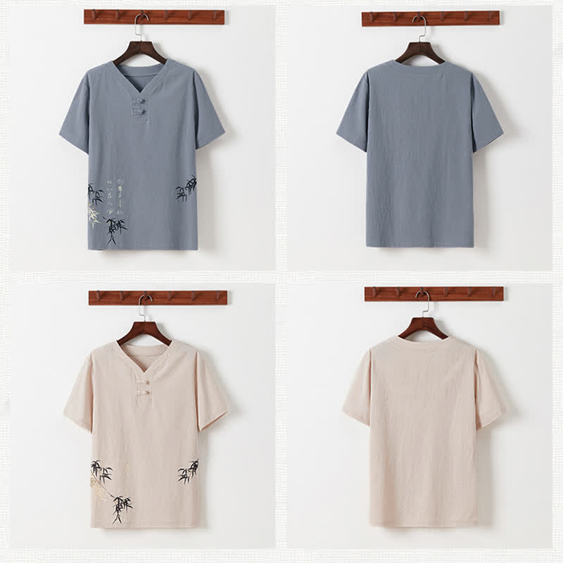 Buddha Stones 2Pcs Summer Tang Style Casual Frog Button Bamboo Print Cotton Linen Short Sleeve Shirt Pants Men's Meditation Cloth With Pockets - image 21