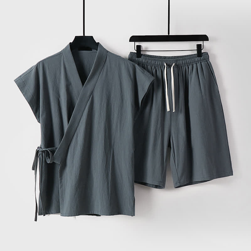 Buddha Stones 2Pcs Summer Meditation Tang Style Drawstring Solid Cotton Linen Short Sleeve Shirt Shorts Men's Meditation Cloth With Pockets - DimGray - US/UK/AU54, EU64 (9XL) - image 6