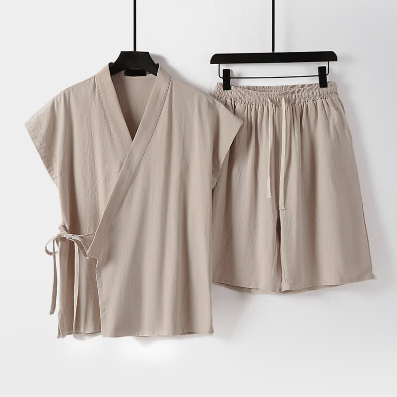 Buddha Stones 2Pcs Summer Meditation Tang Style Drawstring Solid Cotton Linen Short Sleeve Shirt Shorts Men's Meditation Cloth With Pockets - Bisque - US/UK/AU54, EU64 (9XL) - image 9