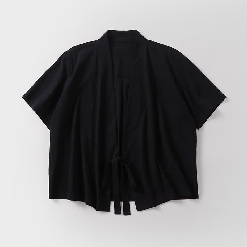 Buddha Stones Summer Casual Minimalist Short Sleeve Solid Lace-up Open Front Cotton Linen Men's Kimono - image 4
