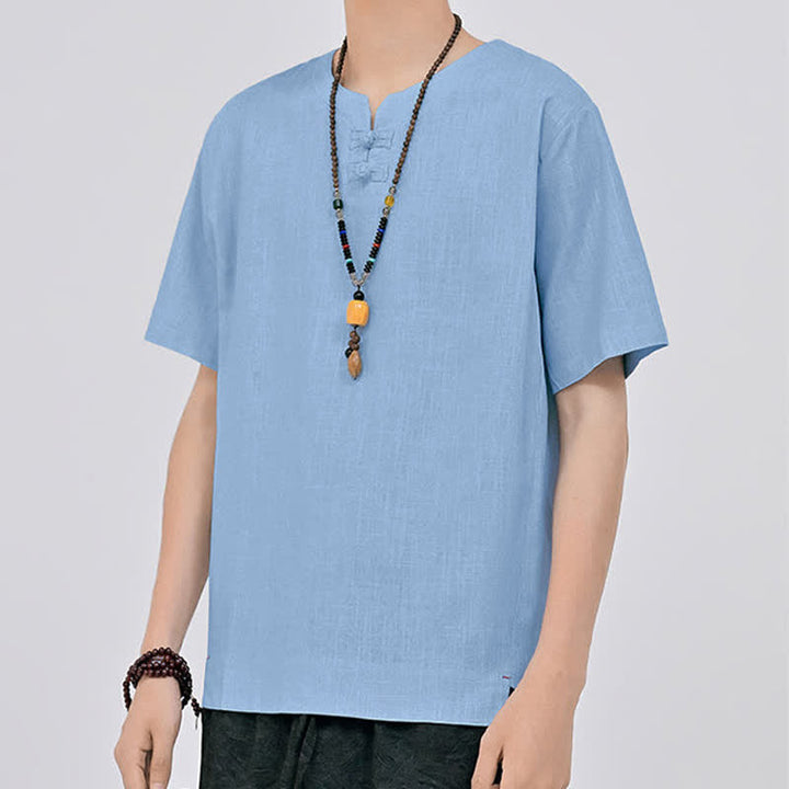Buddha Stones Summer Tang Style Minimalist Two Frog Button Crew Neck Solid Men's Short Sleeve Shirts - image 16