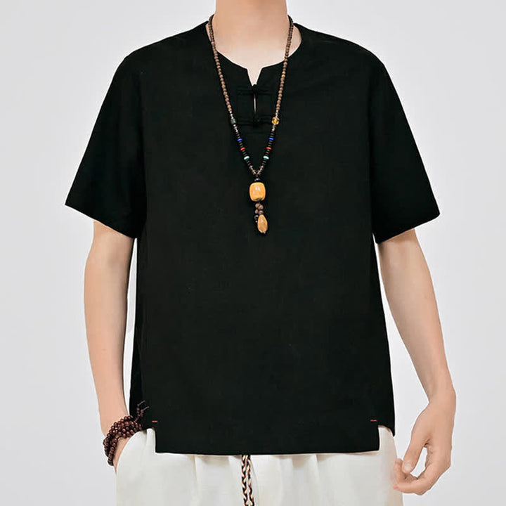 Buddha Stones Summer Tang Style Minimalist Two Frog Button Crew Neck Solid Men's Short Sleeve Shirts - image 11