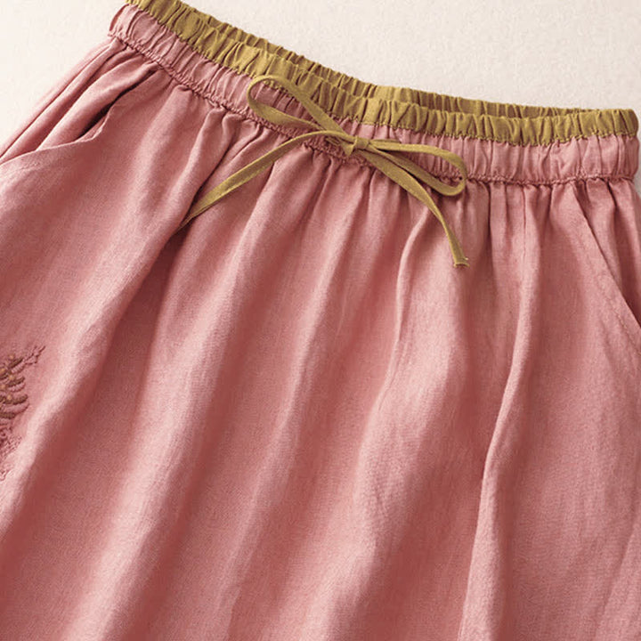 Buddha Stones Vintage Solid Embroidery Drawstring Women's Skirt With Pockets - image 19