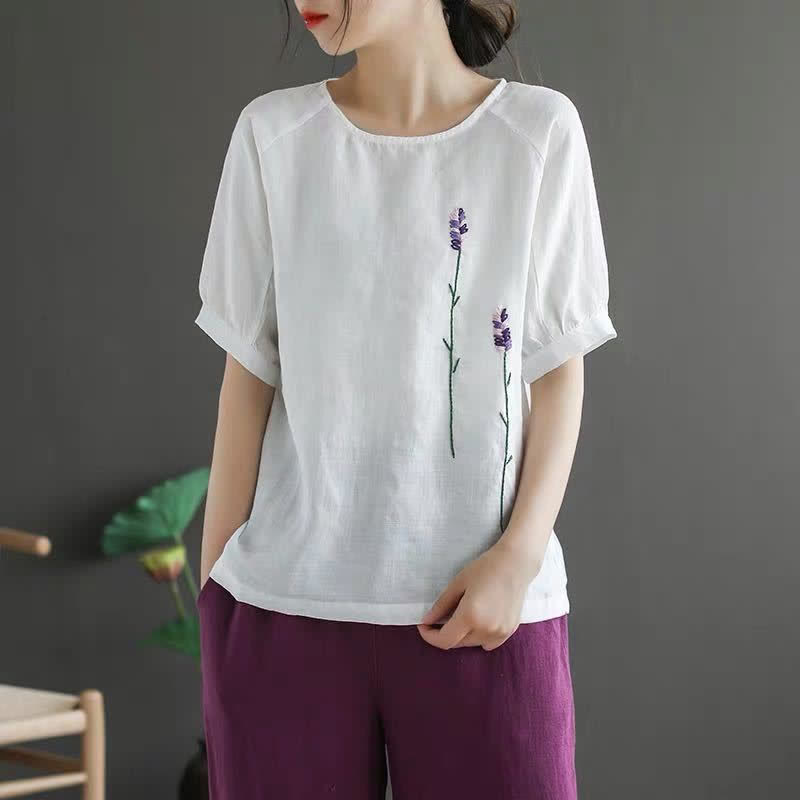 Buddha Stones Summer Vintage Embroidered Flower Pattern Women's Crew Neck Design T-Shirt - image 12
