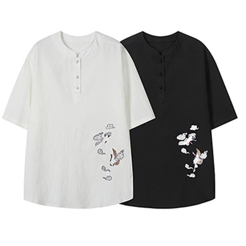 Buddha Stones Summer Tang Style Casual Mandarin Collar Embroidery Crane Men's Short Sleeve Shirts - image 17