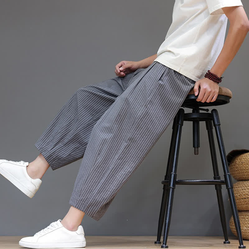 Buddha Stones Summer Casual Minimalist Drawstring Striped Cotton Linen Capri Pants Men's Tapered Pants With Pocket - image 7