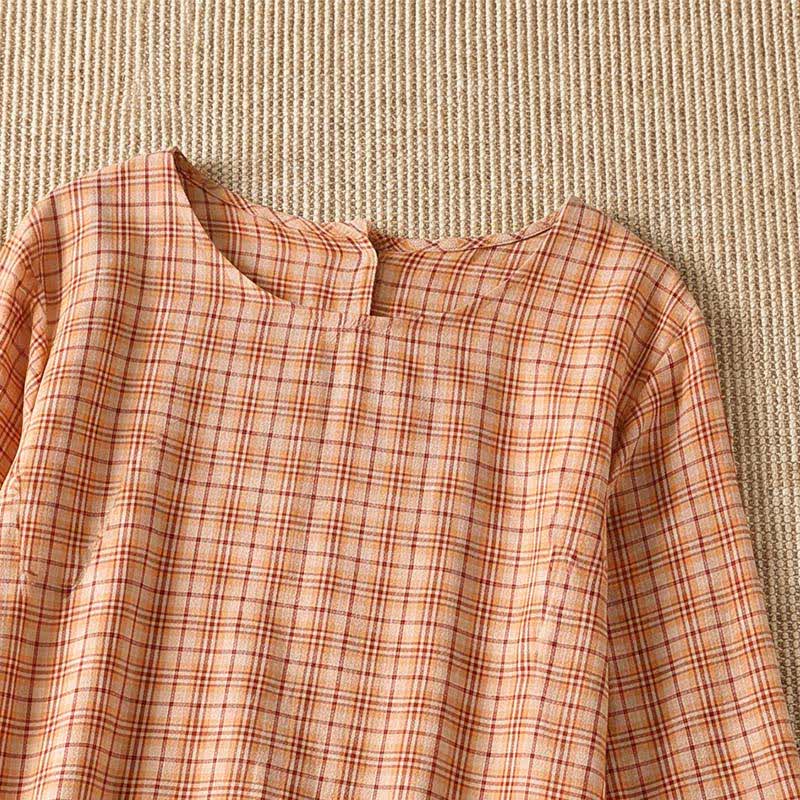 Buddha Stones Summer Casual Vintage Plaid Women's Three-Quarter Sleeve Dress With Pocket - image 7