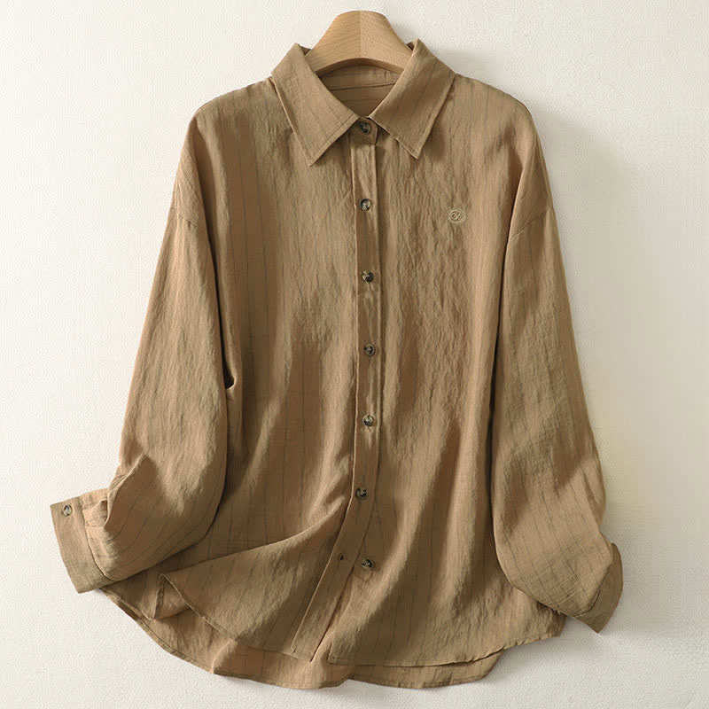 Buddha Stones Summer Casual Minimalist Button-Up Solid Women's Long Sleeve Shirts - Tan - US8-10, UK/AU12-14, EU40-42 (2XL) - image 0