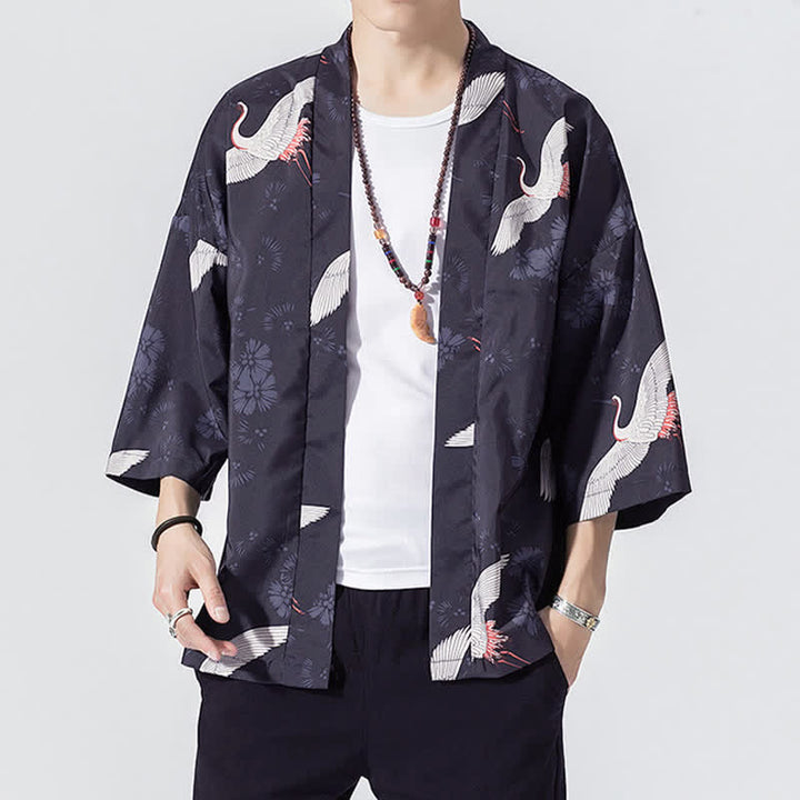 Buddha Stones Summer Casual Vintage Open Front Crane Wave Print Men's Kimonos - Navy - US/UK/AU46, EU56 (5XL) - image 3