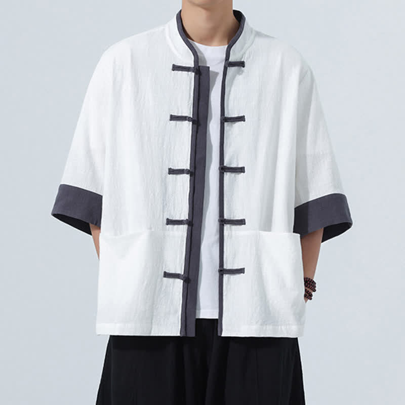Buddha Stones Summer Casual Tang Style Frog Button Solid Cotton Men's Short Sleeve Shirts With Pocket - White - US/UK/AU46, EU56 (5XL) - image 23