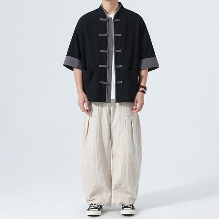 Buddha Stones Summer Casual Tang Style Frog Button Solid Cotton Men's Short Sleeve Shirts With Pocket - image 22